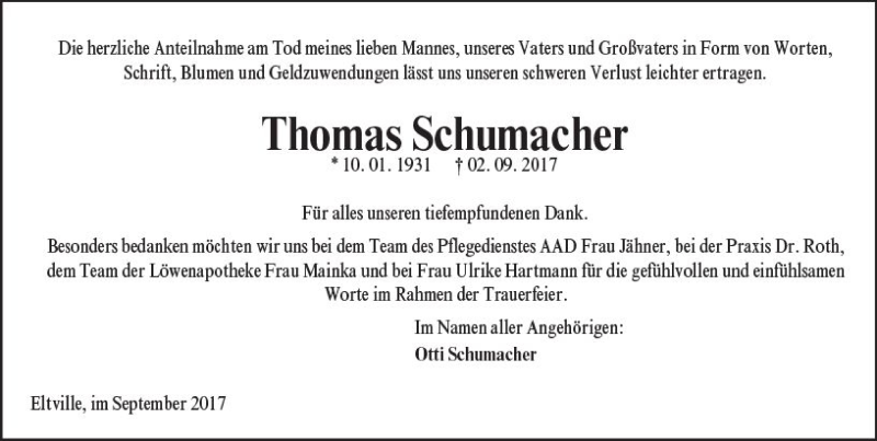  Traueranzeige für Thomas Schumacher vom 23.09.2017 aus Trauerportal Rhein Main Presse