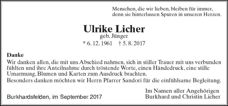  Traueranzeige für Ulrike Licher vom 16.09.2017 aus  Gießener Anzeiger