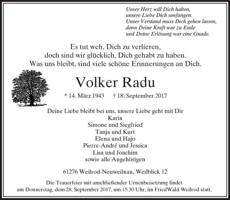  Traueranzeige für Volker Radu vom 23.09.2017 aus  Usinger Anzeiger