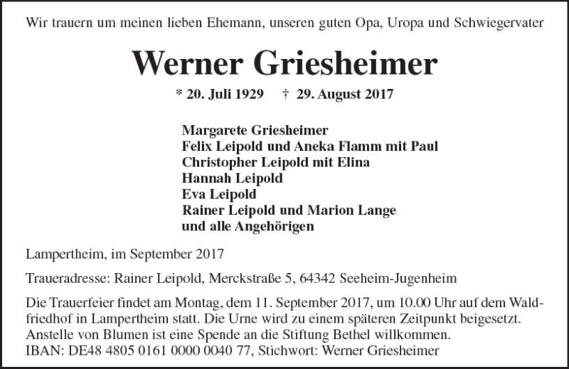  Traueranzeige für Werner Griesheimer vom 02.09.2017 aus Trauerportal Echo Online