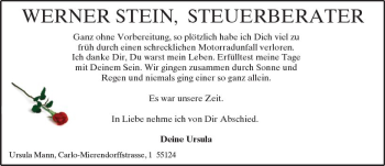 Traueranzeige von Werner Stein von Trauerportal Rhein Main Presse