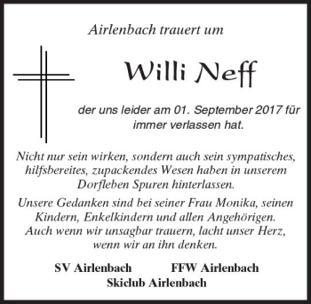 Traueranzeige von Willi Neff von Trauerportal Echo Online