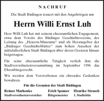 Traueranzeige von Willi Ernst Luh von  Kreisanzeiger