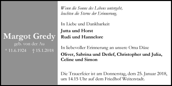 Traueranzeige von Margot Gredy von Trauerportal Rhein Main Presse