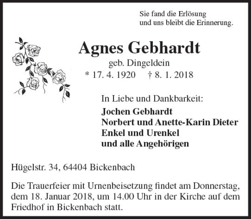  Traueranzeige für Agnes Gebhardt vom 13.01.2018 aus Trauerportal Rhein Main Presse