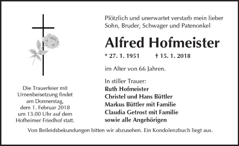  Traueranzeige für Alfred Hofmeister vom 27.01.2018 aus Trauerportal Rhein Main Presse
