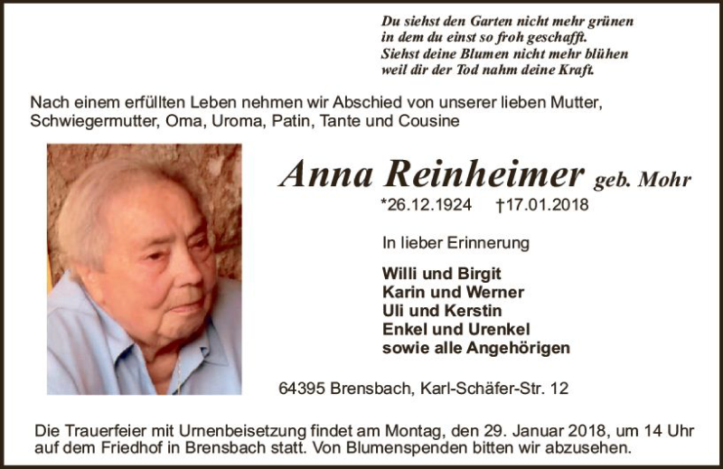  Traueranzeige für Anna Reinheimer vom 24.01.2018 aus Trauerportal Rhein Main Presse
