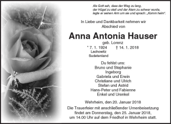 Traueranzeige von Anna Antonia Hauser von  Usinger Anzeiger