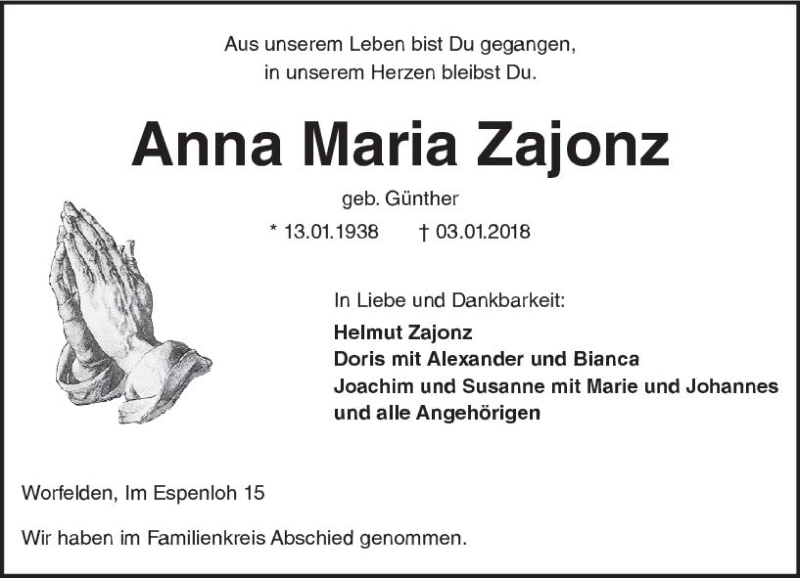  Traueranzeige für Anna Maria Zajonz vom 13.01.2018 aus Trauerportal Rhein Main Presse