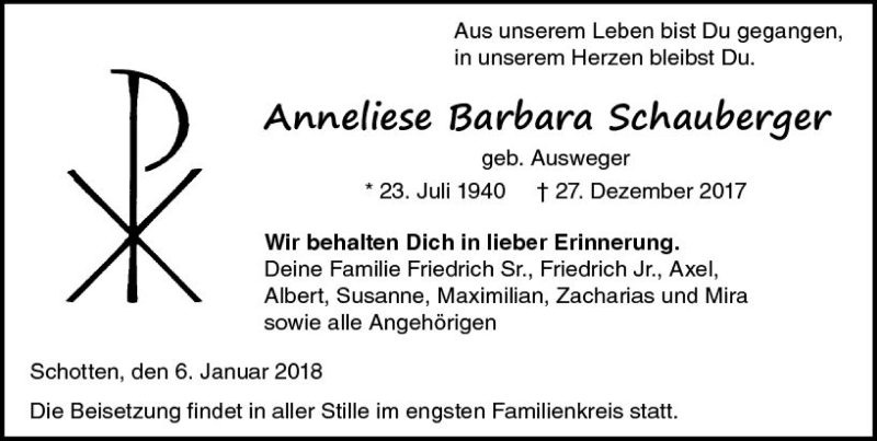  Traueranzeige für Anneliese Barbara Schauberger vom 06.01.2018 aus  Kreisanzeiger