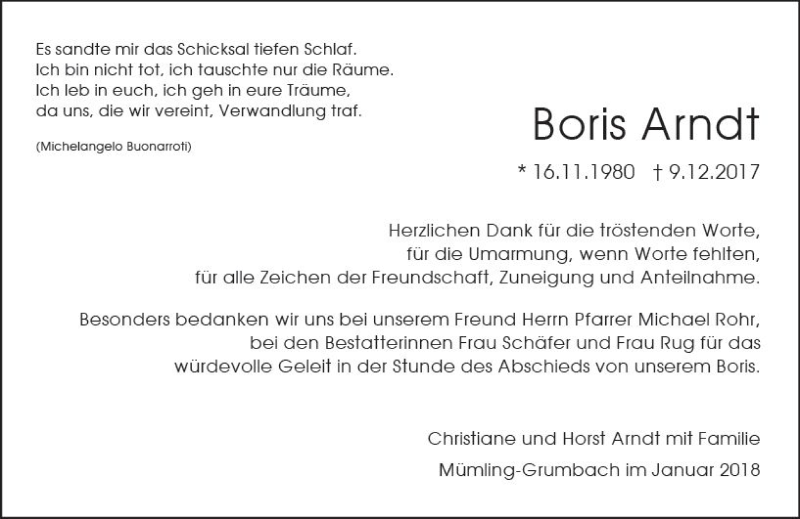  Traueranzeige für Boris Arndt vom 06.01.2018 aus Trauerportal Rhein Main Presse
