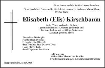 Traueranzeige von Elisabeth Kirschbaum von Trauerportal Rhein Main Presse