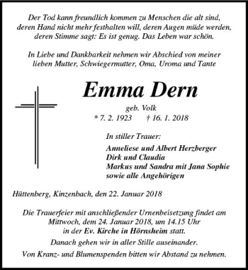 Traueranzeige von Emma Dern von  Gießener Anzeiger