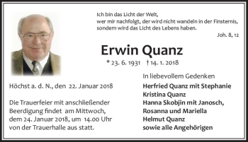 Traueranzeige von Erwin Quanz von  Kreisanzeiger