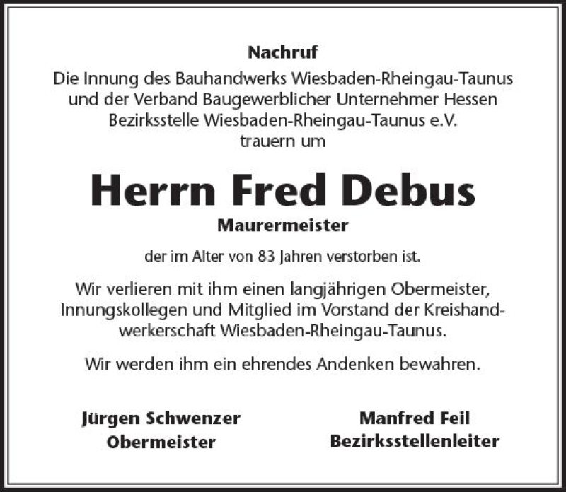  Traueranzeige für Fred Debus vom 09.01.2018 aus Trauerportal Rhein Main Presse