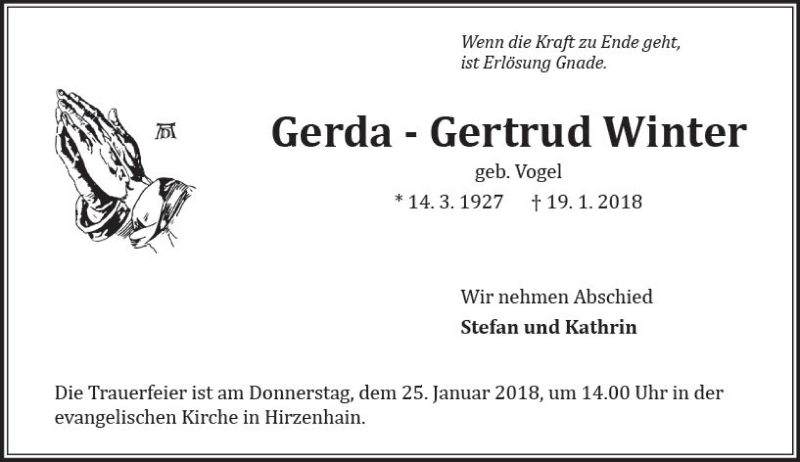  Traueranzeige für Gerda-Gertrud Winter vom 23.01.2018 aus  Kreisanzeiger