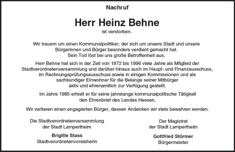  Traueranzeige für Heinz Behne vom 12.01.2018 aus Trauerportal Rhein Main Presse