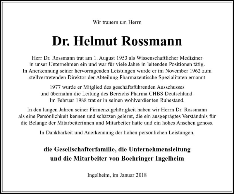  Traueranzeige für Helmut Rossmann vom 16.01.2018 aus Trauerportal Rhein Main Presse