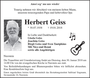 Traueranzeige von Herbert Geiss von Trauerportal Rhein Main Presse