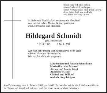 Traueranzeige von Hildegard Schmidt von Trauerportal Rhein Main Presse