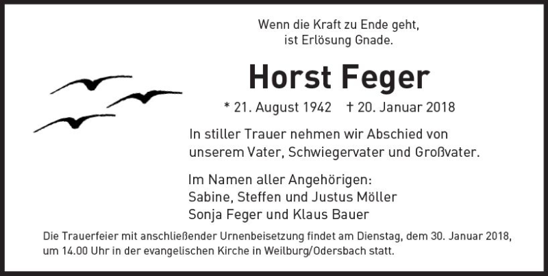  Traueranzeige für Horst Feger vom 26.01.2018 aus  Usinger Anzeiger