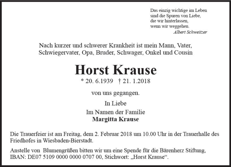  Traueranzeige für Horst Krause vom 27.01.2018 aus Trauerportal Rhein Main Presse