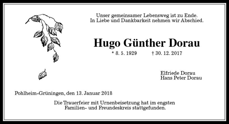  Traueranzeige für Hugo Günther Dorau vom 13.01.2018 aus  Gießener Anzeiger