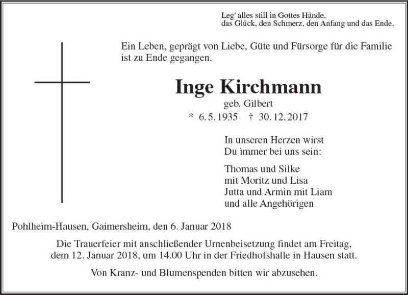  Traueranzeige für Inge Kirchmann vom 06.01.2018 aus  Gießener Anzeiger