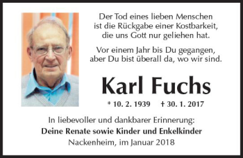 Traueranzeige von Karl Fuchs von Trauerportal Rhein Main Presse