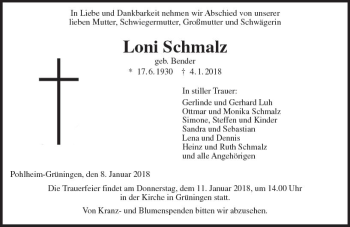 Traueranzeige von Loni Schmalz von  Gießener Anzeiger