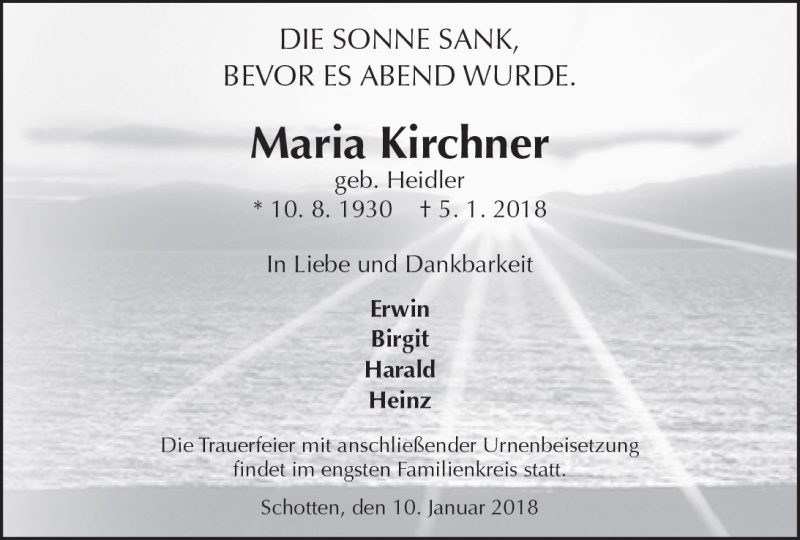  Traueranzeige für Maria Kirchner vom 10.01.2018 aus  Kreisanzeiger