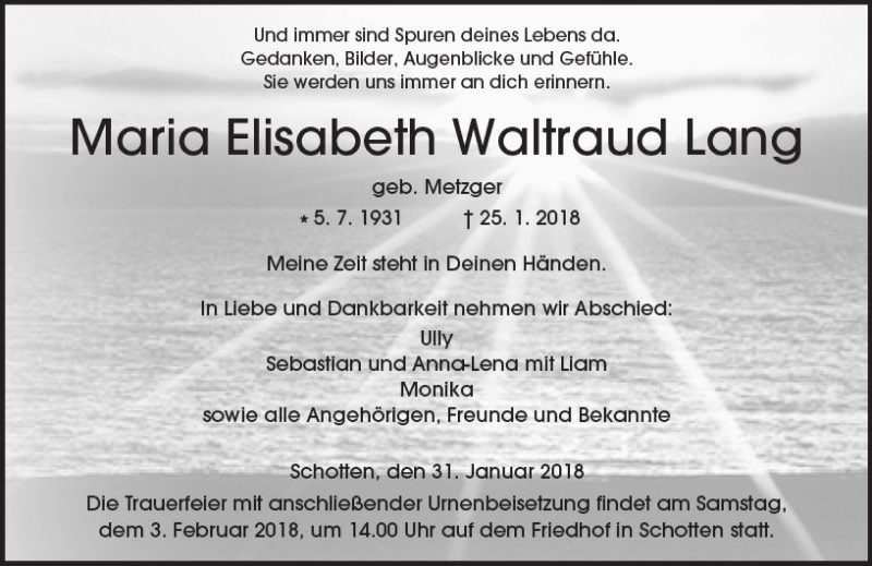  Traueranzeige für Maria Elisabeth Waltraud Lang vom 31.01.2018 aus  Kreisanzeiger