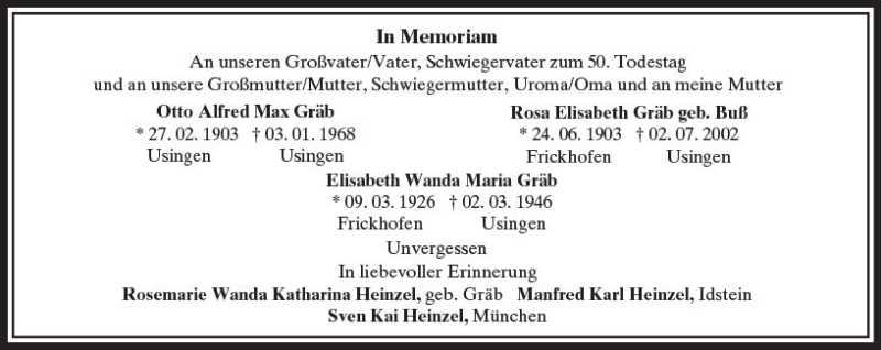  Traueranzeige für Rosa Elisabeth  Gräb vom 03.01.2018 aus  Usinger Anzeiger