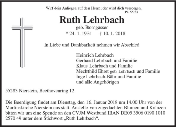 Traueranzeige von Ruth Lehrbach von Trauerportal Rhein Main Presse