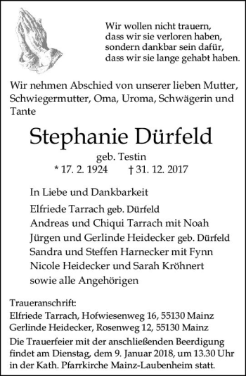 Traueranzeige von Stephanie Dürfeld von Trauerportal Rhein Main Presse