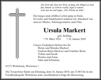 Traueranzeige von Ursula Markert von  Usinger Anzeiger