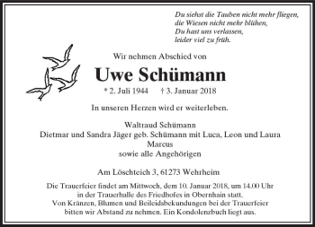 Traueranzeige von Uwe Schümann von  Usinger Anzeiger