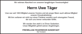 Traueranzeige von Uwe Täger von  Usinger Anzeiger