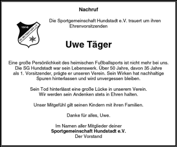 Traueranzeige von Uwe Täger von  Usinger Anzeiger