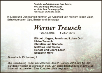 Traueranzeige von Werner Treusch von Trauerportal Rhein Main Presse