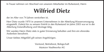 Traueranzeige von Wilfried Dietz von Trauerportal Rhein Main Presse
