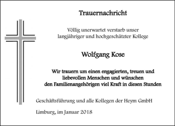 Traueranzeige von Wolfgang Kose von  Gießener Anzeiger