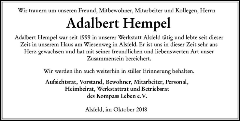  Traueranzeige für Adalbert Hempel vom 11.10.2018 aus VRM Trauer