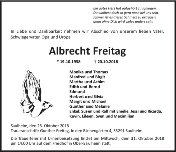 Traueranzeige von Albrecht Freitag von vrm-trauer
