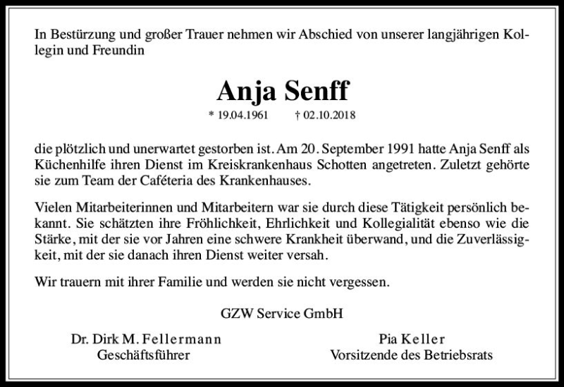  Traueranzeige für Anja Senn vom 13.10.2018 aus  Kreisanzeiger