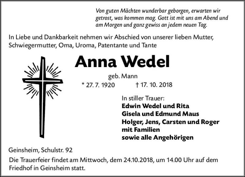  Traueranzeige für Anna Wedel vom 22.10.2018 aus vrm-trauer