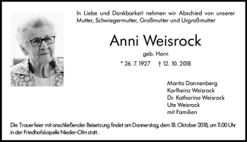 Traueranzeige von Anni Weisrock von vrm-trauer