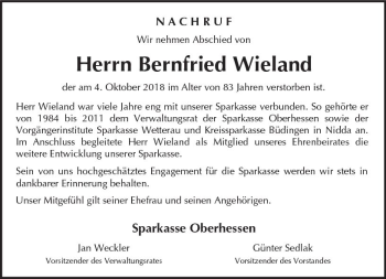 Traueranzeige von Bernfried Wieland von  Kreisanzeiger