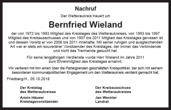 Traueranzeige von Bernfried Wieland von  Kreisanzeiger