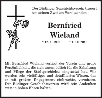 Traueranzeige von Bernfried Wieland von  Kreisanzeiger